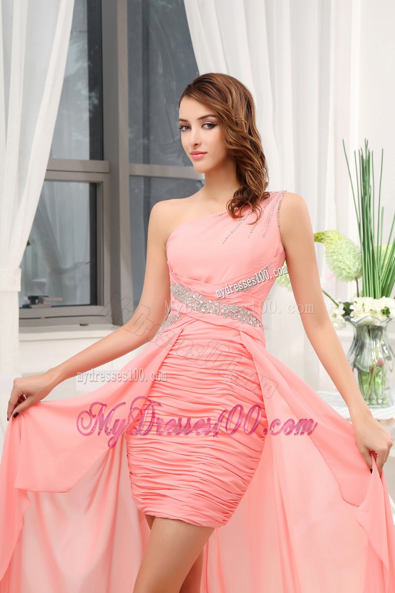 Blush Pink One Shoulder High-low Prom Dresses with Sweep Train