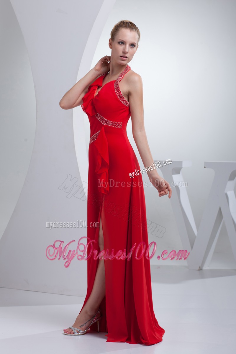 Red Halter Top High Slit Zipper Up Prom Dress with Hand Made Flowers