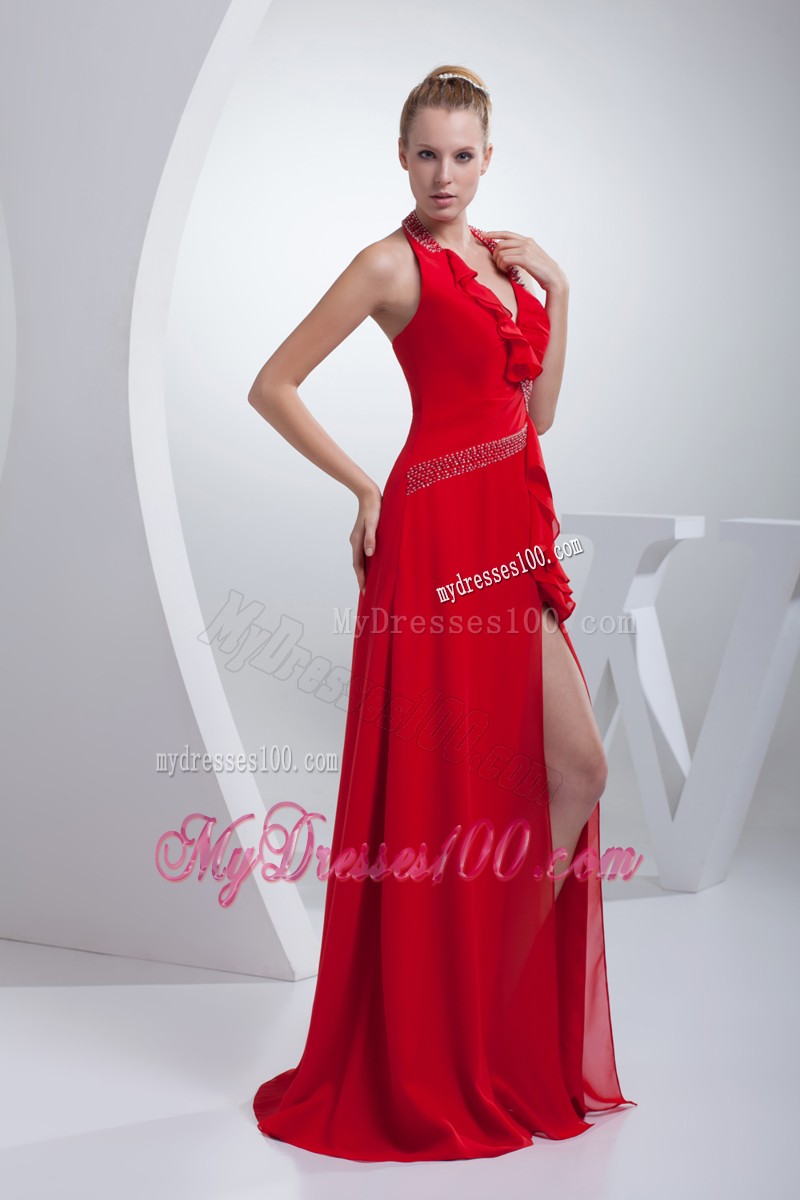 Red Halter Top High Slit Zipper Up Prom Dress with Hand Made Flowers