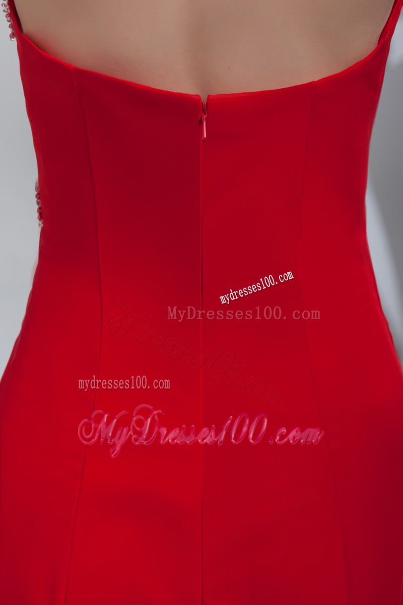 Red Halter Top High Slit Zipper Up Prom Dress with Hand Made Flowers