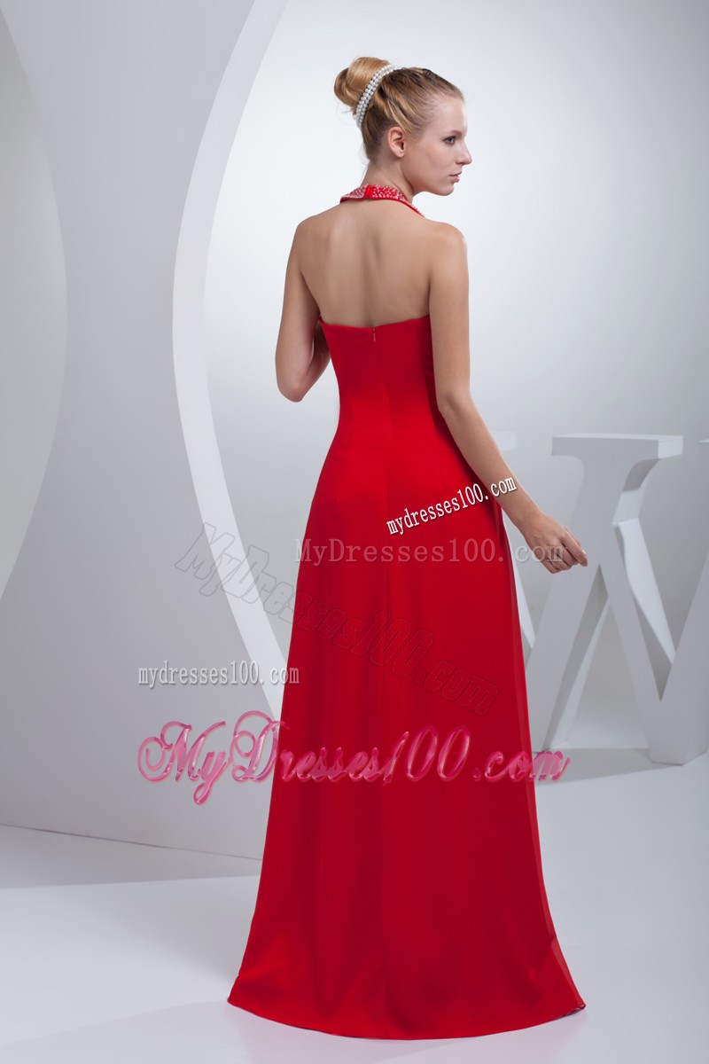 Red Halter Top High Slit Zipper Up Prom Dress with Hand Made Flowers