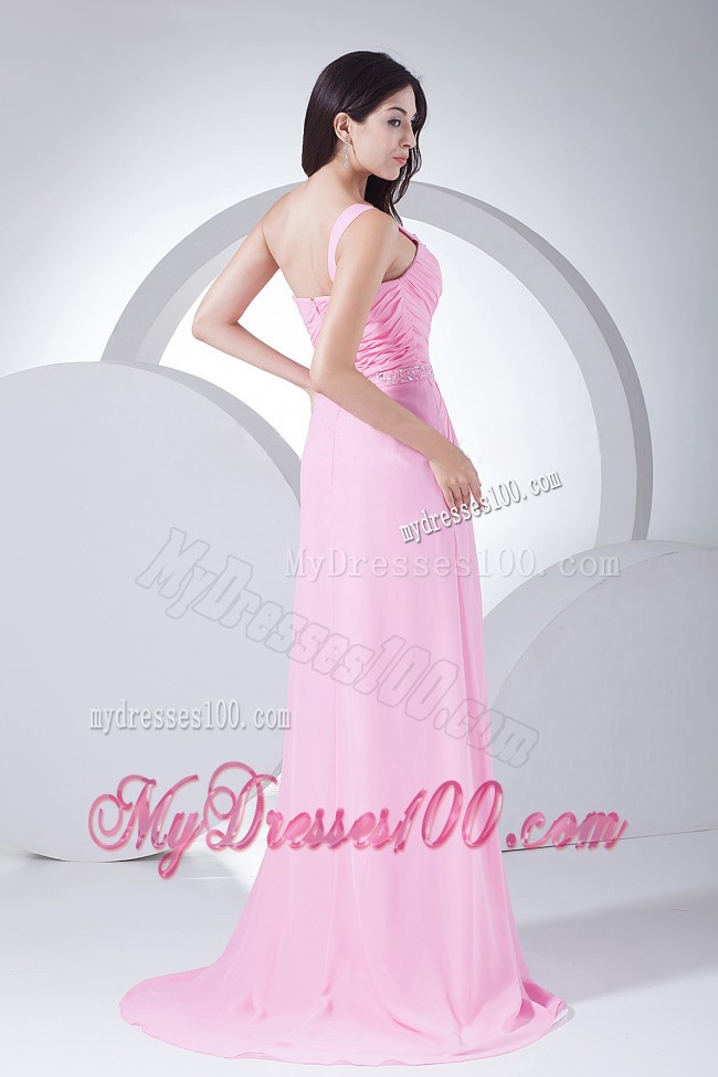 Pink Beading and Ruching Decorate Bodice High Slit Prom Dress
