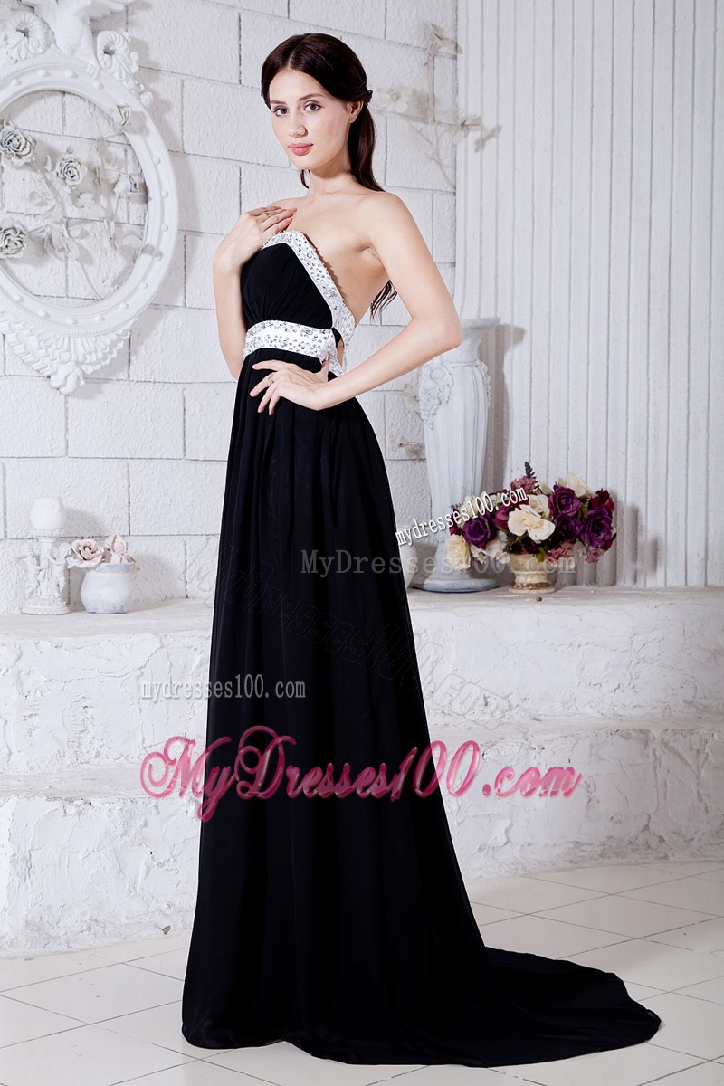 Sexy Black and White Strapless Brush Train Prom Party Dress with Cool Back