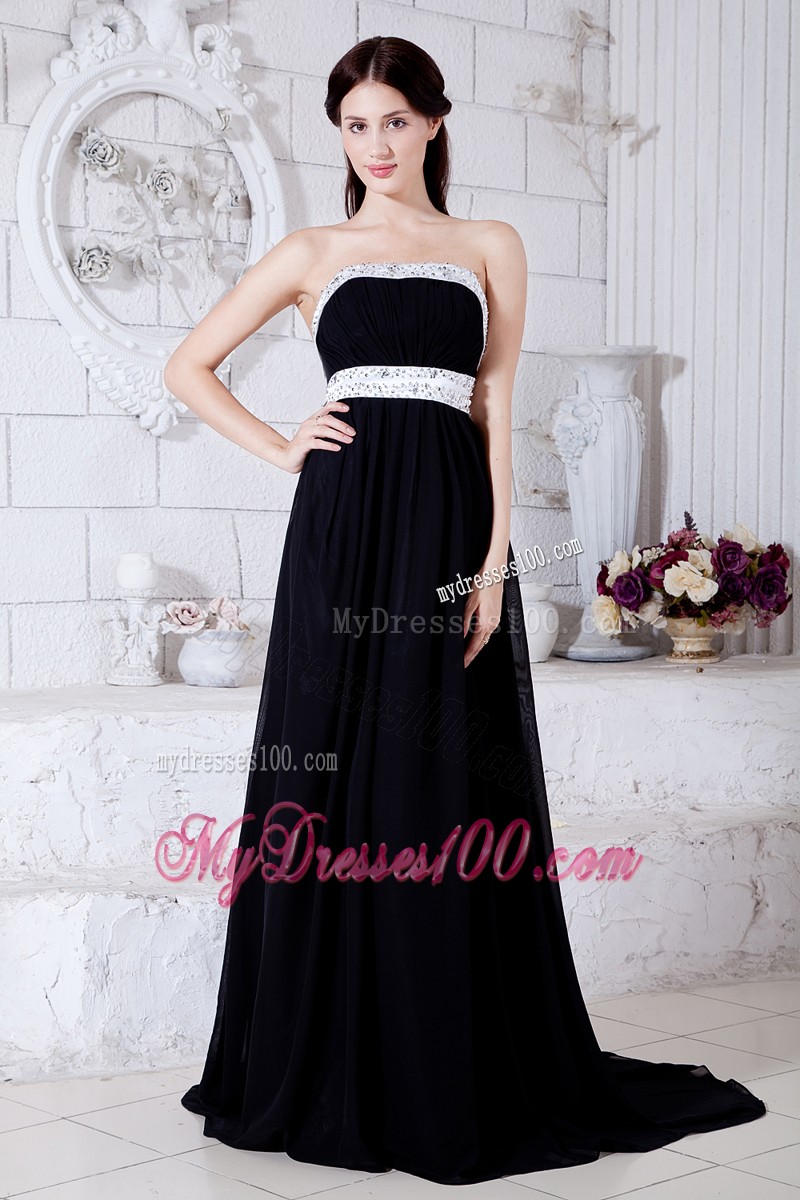 Sexy Black and White Strapless Brush Train Prom Party Dress with Cool Back