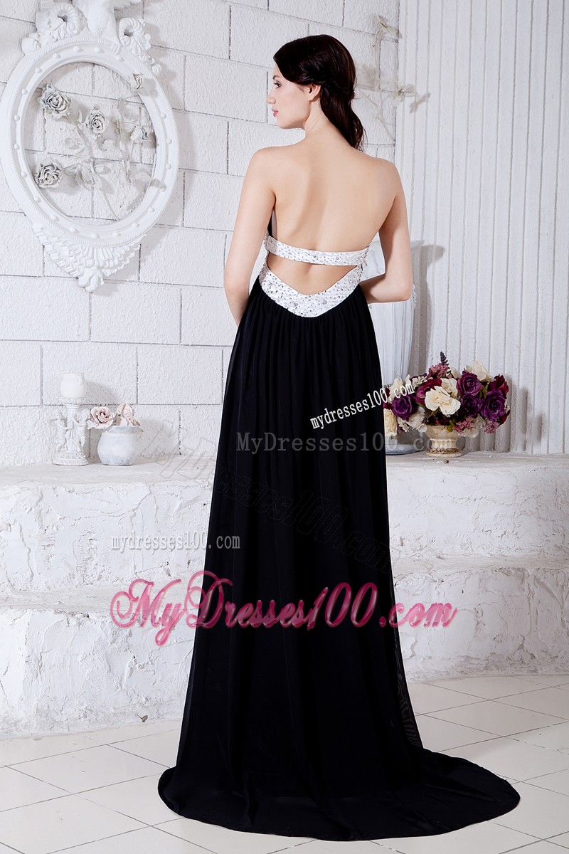 Sexy Black and White Strapless Brush Train Prom Party Dress with Cool Back