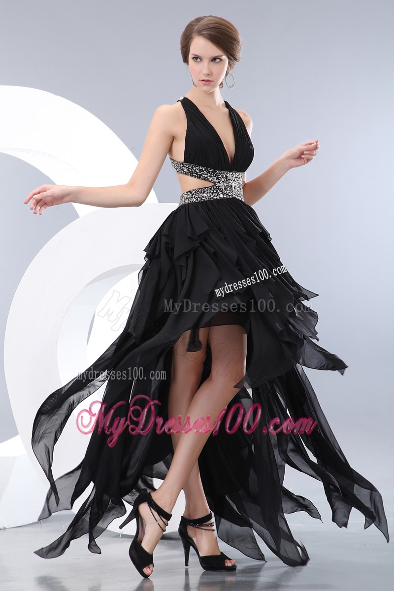 Black High-Low Chiffon Prom Dress with Criss-cross Back