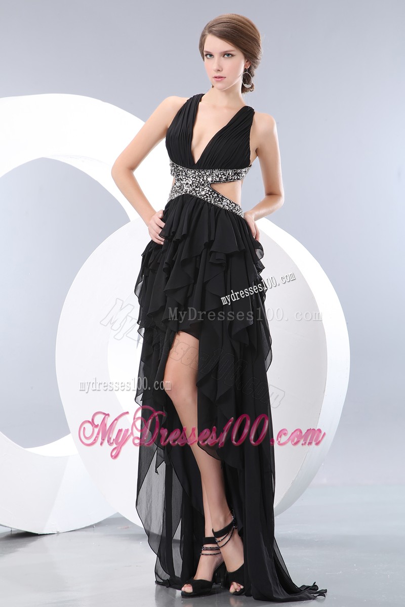Black High-Low Chiffon Prom Dress with Criss-cross Back