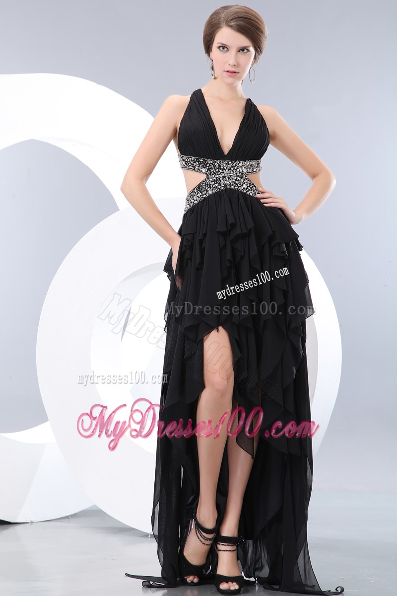 Black High-Low Chiffon Prom Dress with Criss-cross Back
