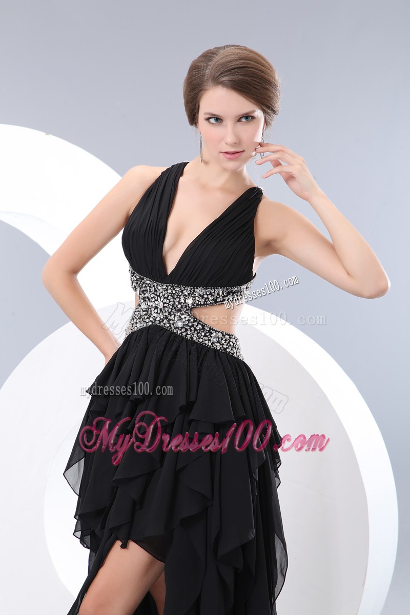 Black High-Low Chiffon Prom Dress with Criss-cross Back