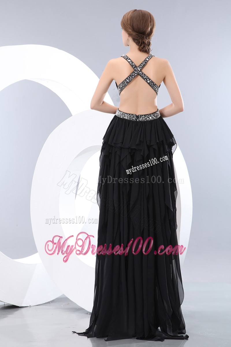 Black High-Low Chiffon Prom Dress with Criss-cross Back