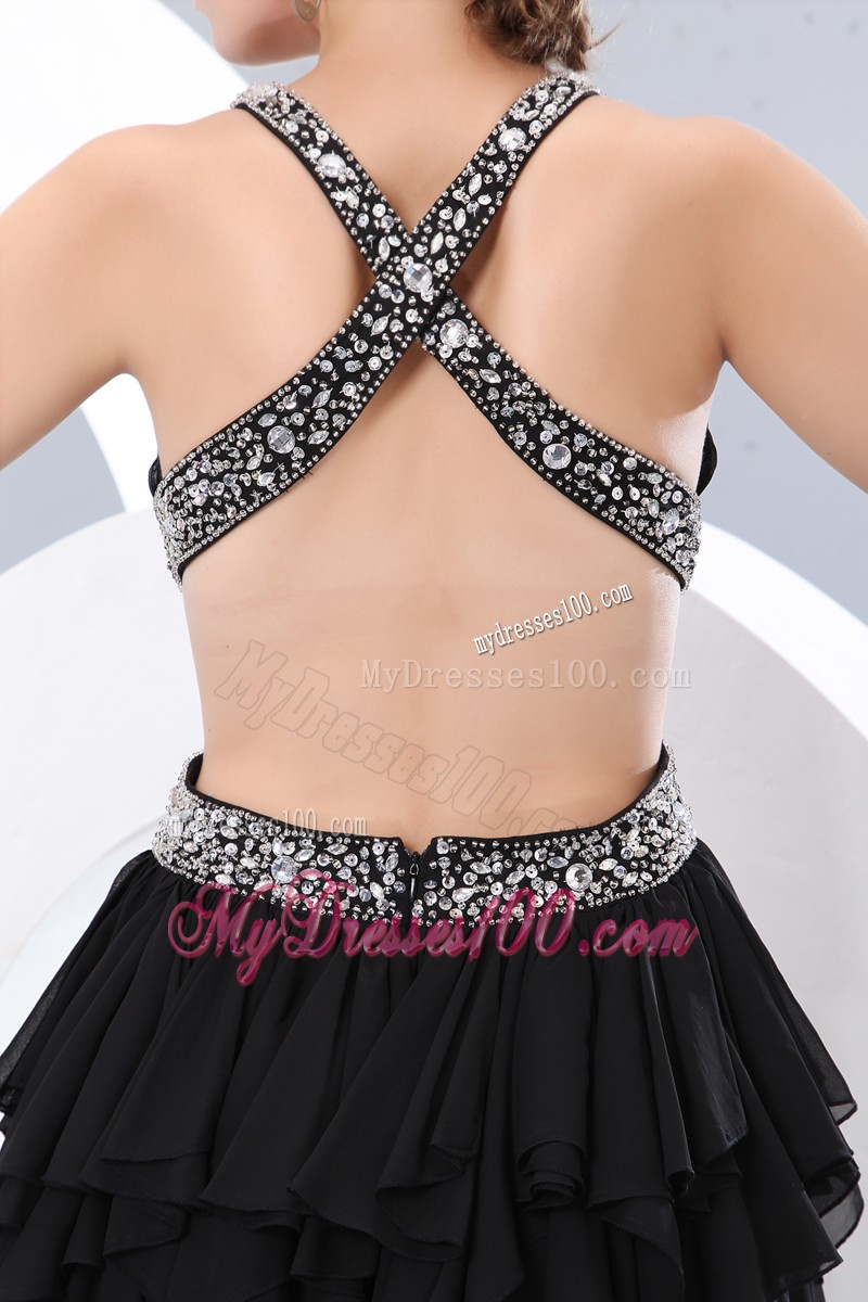Black High-Low Chiffon Prom Dress with Criss-cross Back