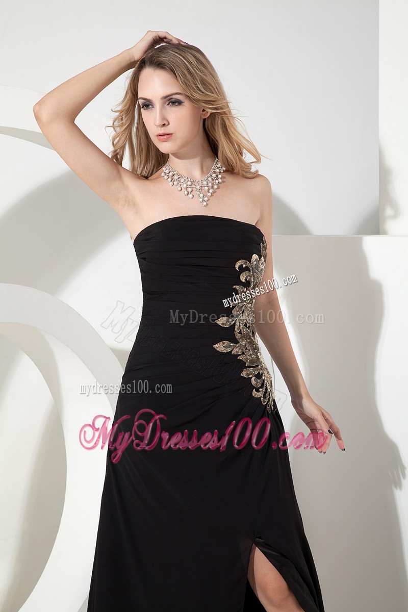 Popular Ankle-length Side Slit Appliques Black Prom Evening Dress