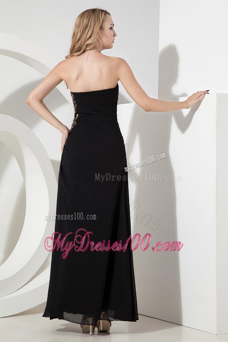 Popular Ankle-length Side Slit Appliques Black Prom Evening Dress
