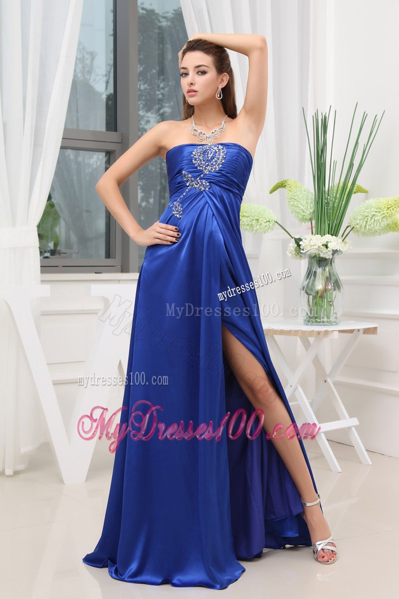 Blue Blush Train Prom Dresses with Slits Up the Side and Beadings