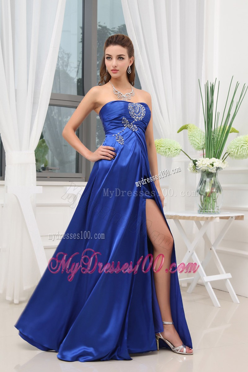 Blue Blush Train Prom Dresses with Slits Up the Side and Beadings