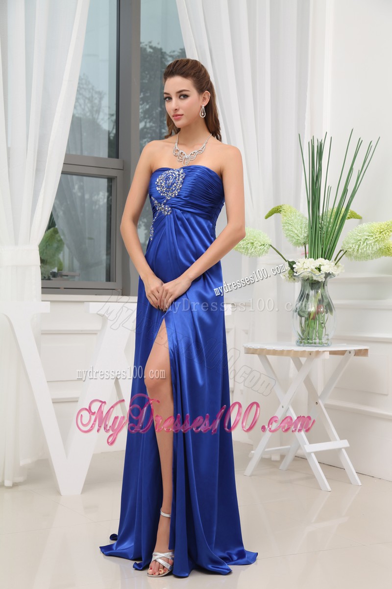 Blue Blush Train Prom Dresses with Slits Up the Side and Beadings