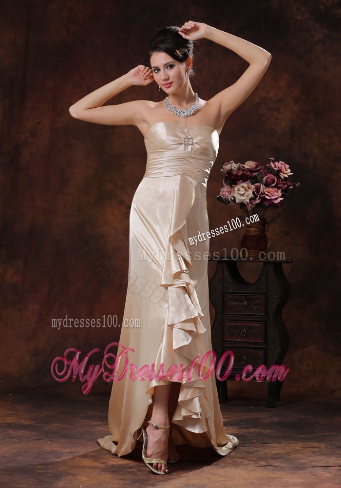 Strapless Champagne Brush Train Zipper Up Back Prom Party Dress with Ruffles
