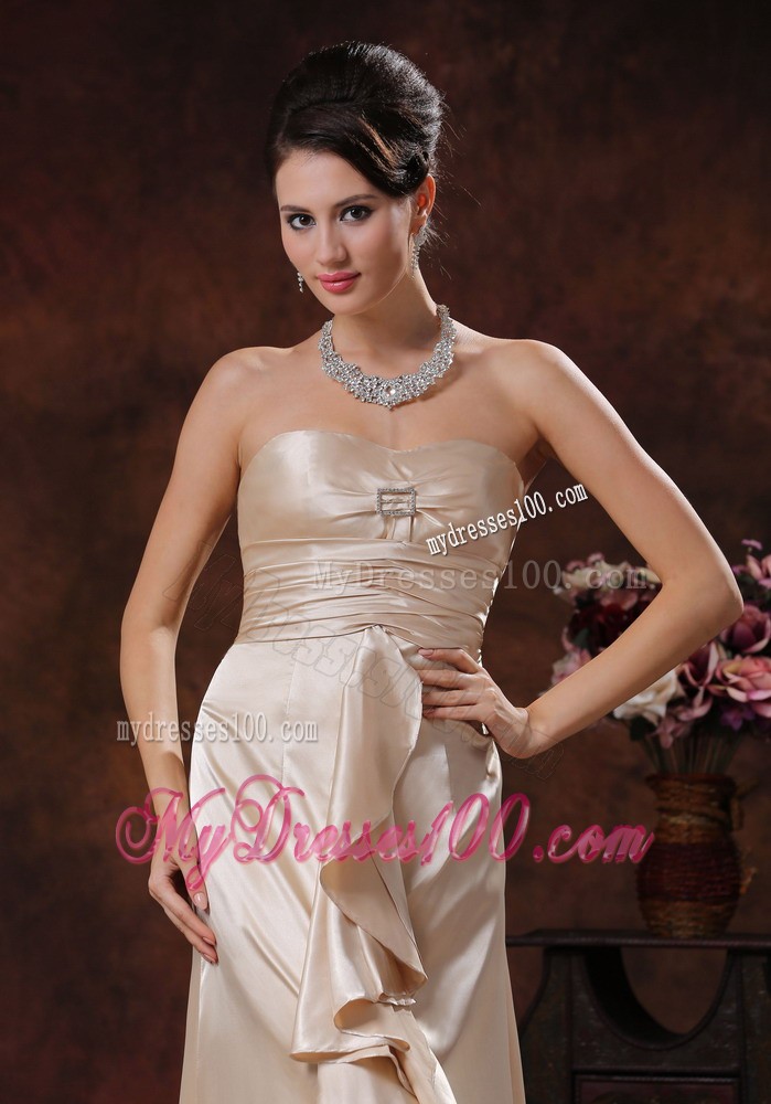 Strapless Champagne Brush Train Zipper Up Back Prom Party Dress with Ruffles
