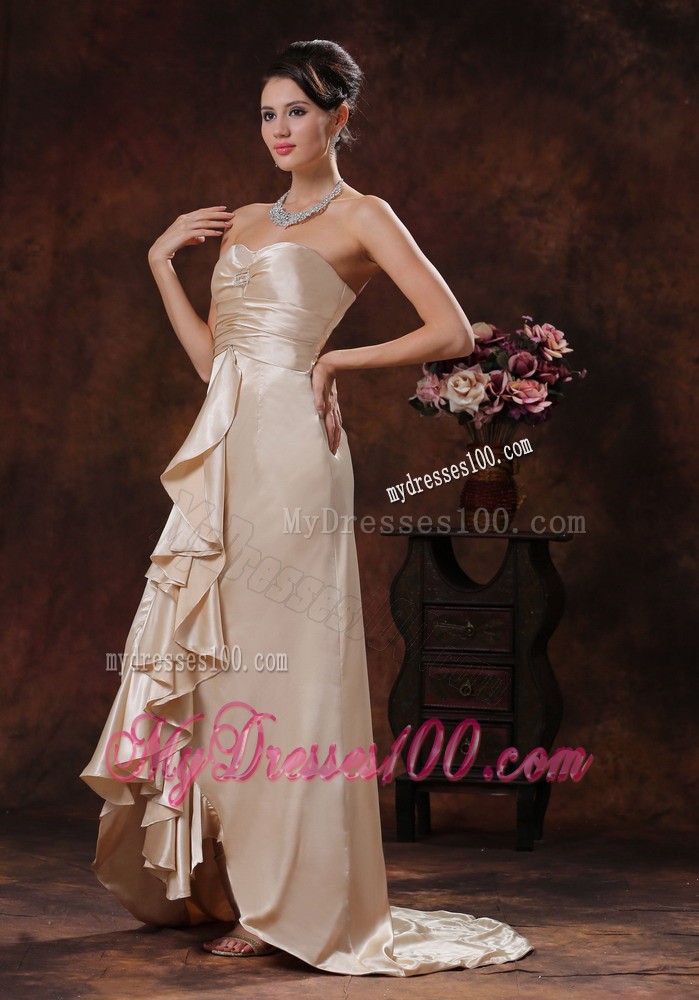 Strapless Champagne Brush Train Zipper Up Back Prom Party Dress with Ruffles