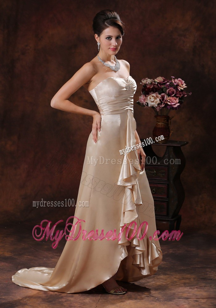 Strapless Champagne Brush Train Zipper Up Back Prom Party Dress with Ruffles