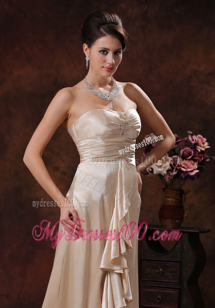Strapless Champagne Brush Train Zipper Up Back Prom Party Dress with Ruffles
