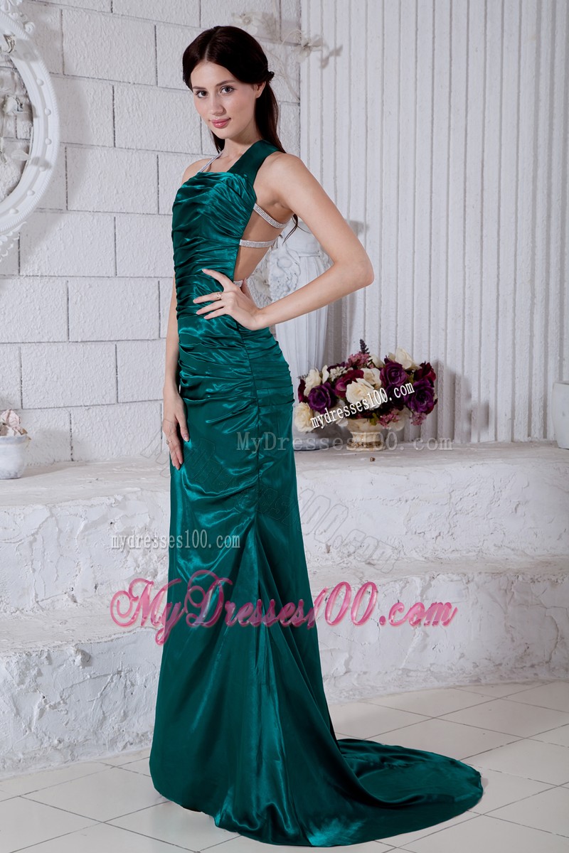 Teal Ruched Brush Train Prom Dress with Asymmetrical Straps and Back Out