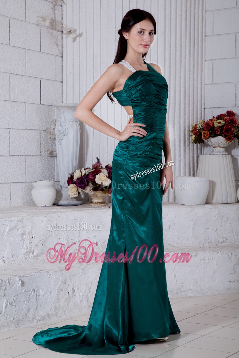 Teal Ruched Brush Train Prom Dress with Asymmetrical Straps and Back Out
