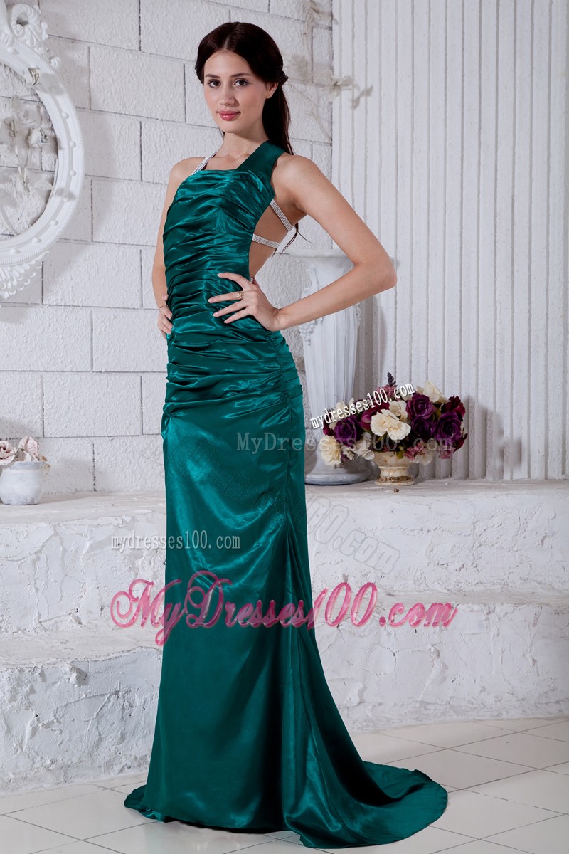 Teal Ruched Brush Train Prom Dress with Asymmetrical Straps and Back Out