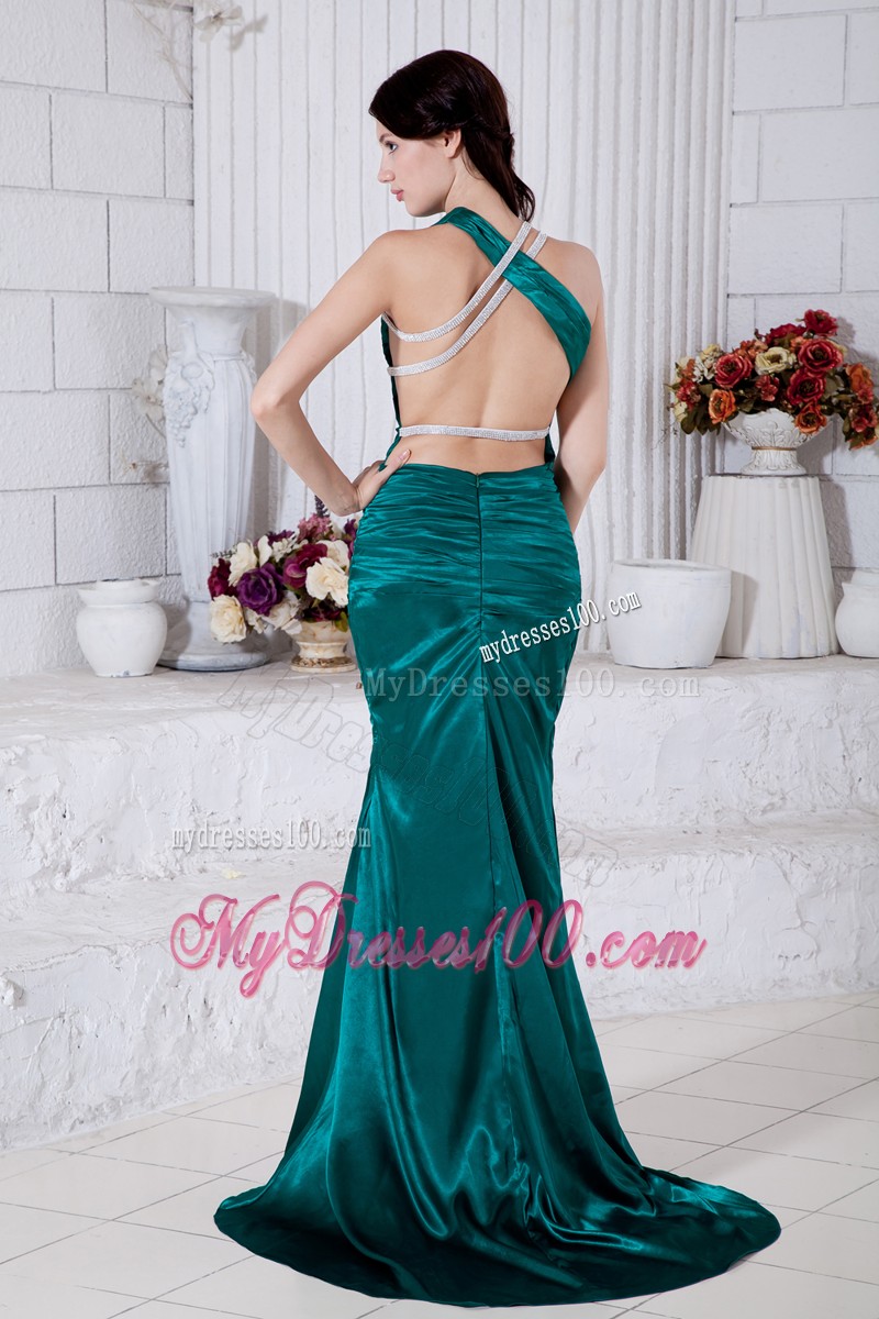 Teal Ruched Brush Train Prom Dress with Asymmetrical Straps and Back Out