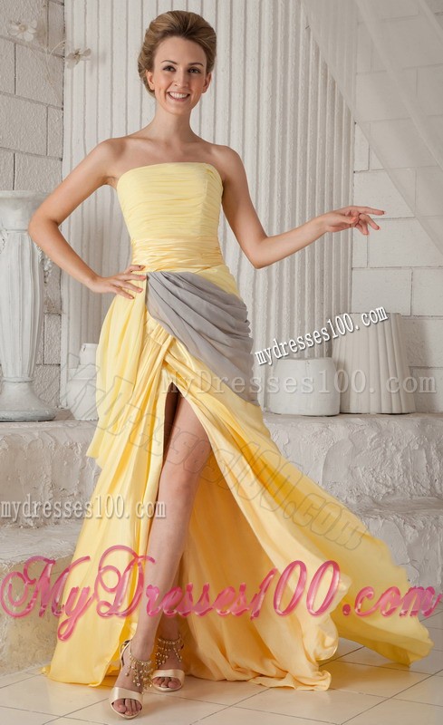 Ruched Yellow and Grey Dresses for Prom with High Slits