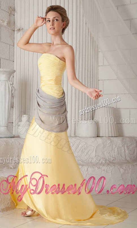 Ruched Yellow and Grey Dresses for Prom with High Slits
