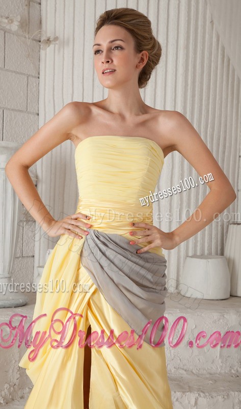 Ruched Yellow and Grey Dresses for Prom with High Slits