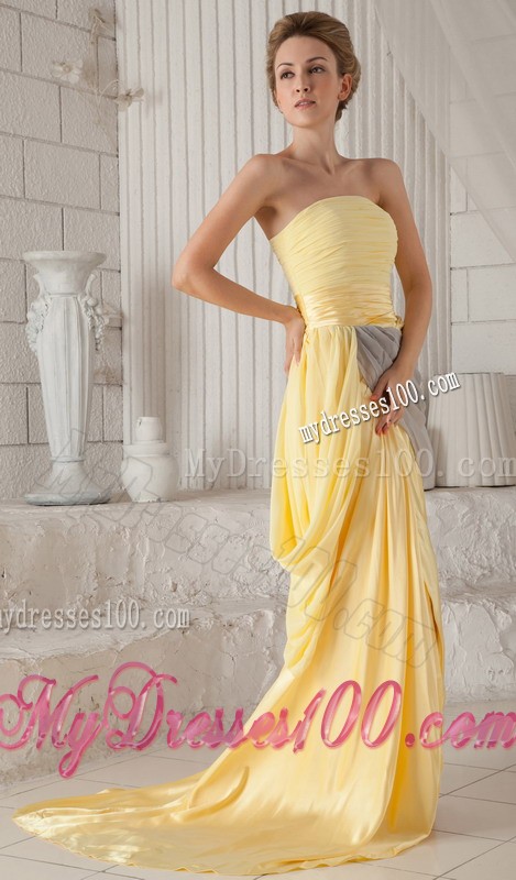 Ruched Yellow and Grey Dresses for Prom with High Slits