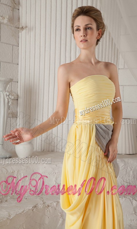 Ruched Yellow and Grey Dresses for Prom with High Slits