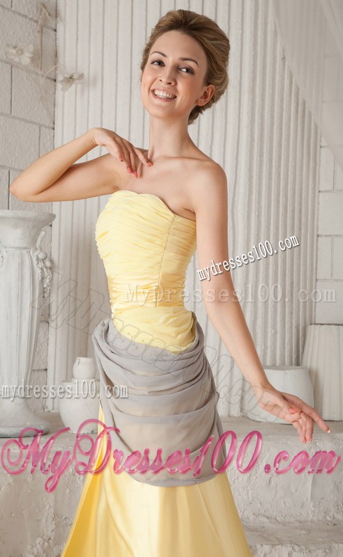 Ruched Yellow and Grey Dresses for Prom with High Slits