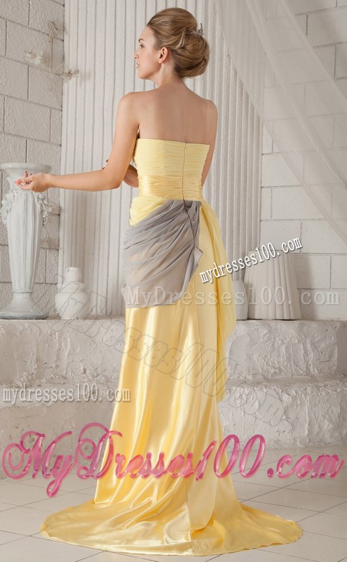 Ruched Yellow and Grey Dresses for Prom with High Slits
