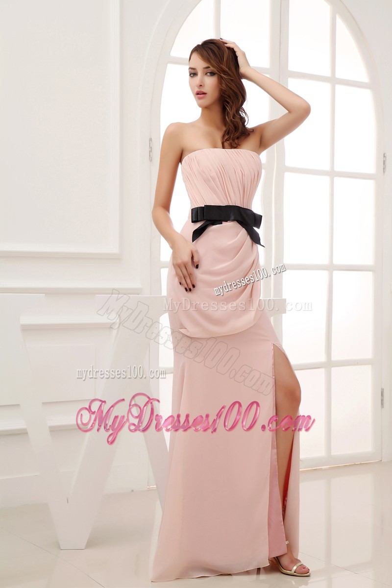 Champagne Empire Ruching Zipper Up Long Prom Dress with Bowknot