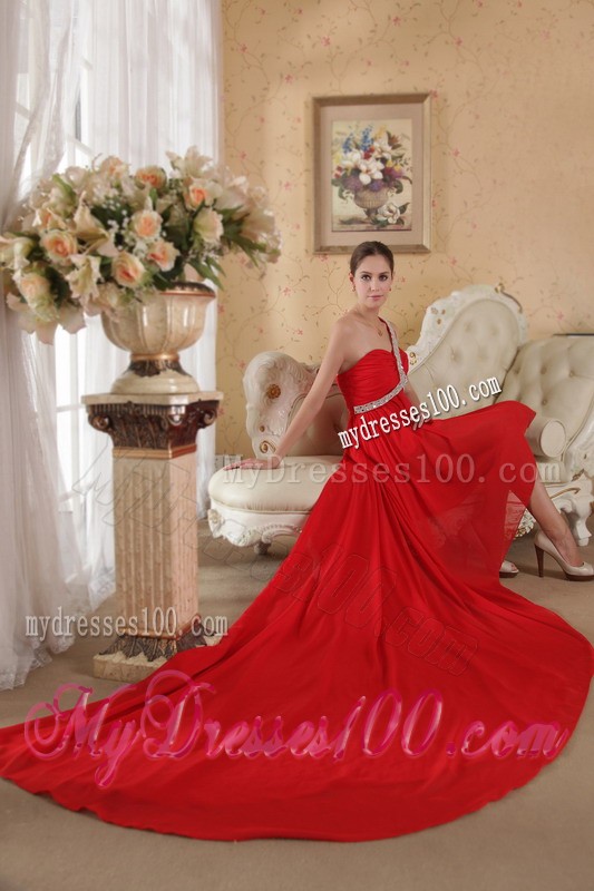 Red One Shoulder High -Low Chapel Train Rhinestones Decorated Prom Dresses