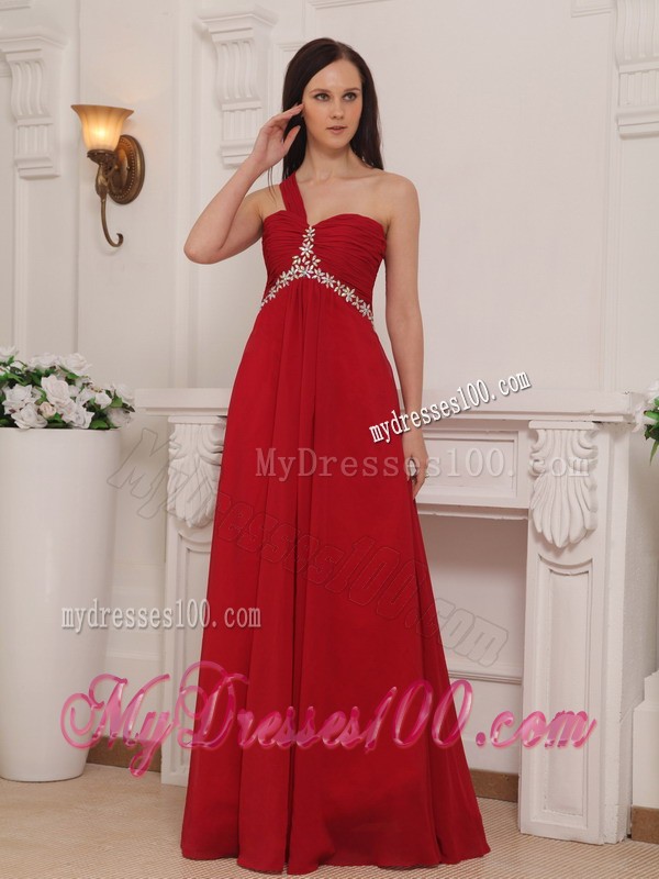 Floor-length One Shoulder Red Chiffon Prom Evening Gown with Beading