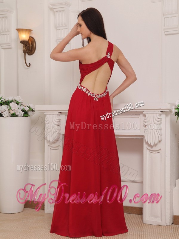 Floor-length One Shoulder Red Chiffon Prom Evening Gown with Beading
