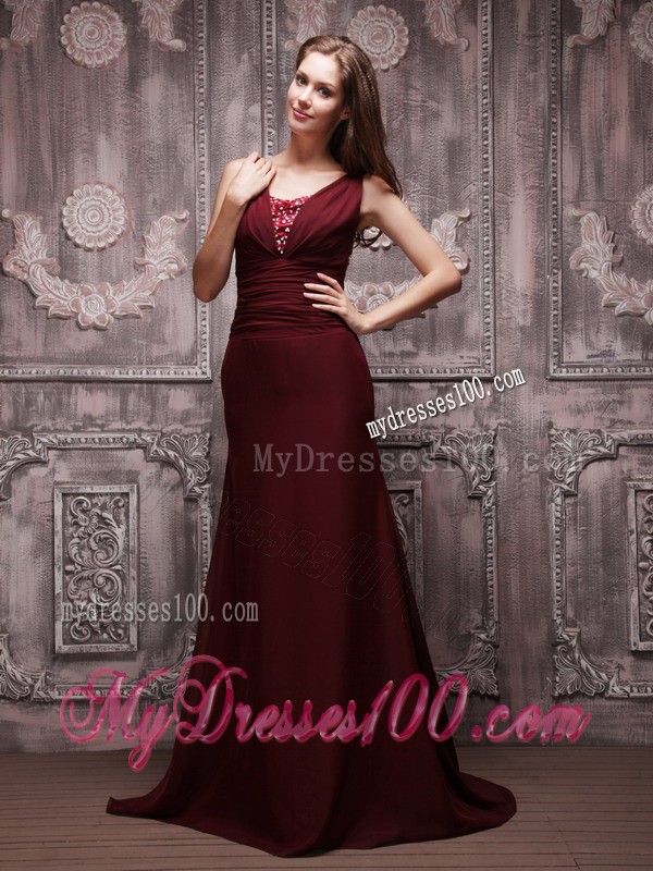 Simple Straps V-neck Brush Train Beaded Prom Evening Dress in Burgundy