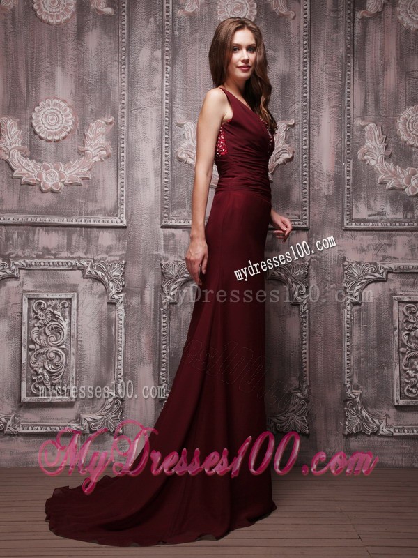 Simple Straps V-neck Brush Train Beaded Prom Evening Dress in Burgundy