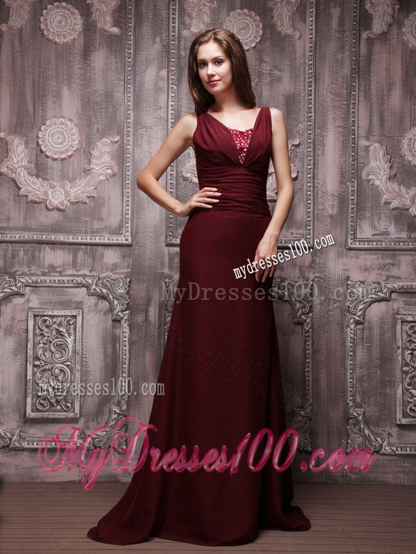 Simple Straps V-neck Brush Train Beaded Prom Evening Dress in Burgundy