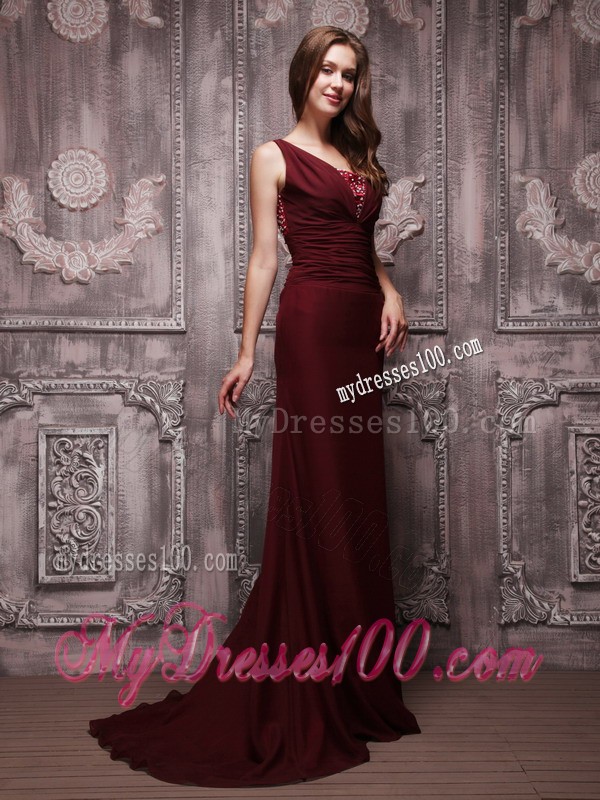 Simple Straps V-neck Brush Train Beaded Prom Evening Dress in Burgundy