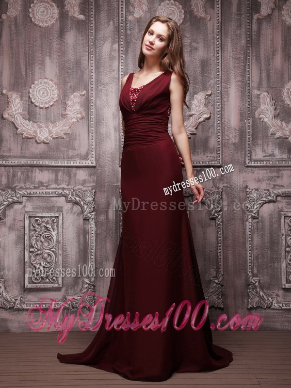 Simple Straps V-neck Brush Train Beaded Prom Evening Dress in Burgundy