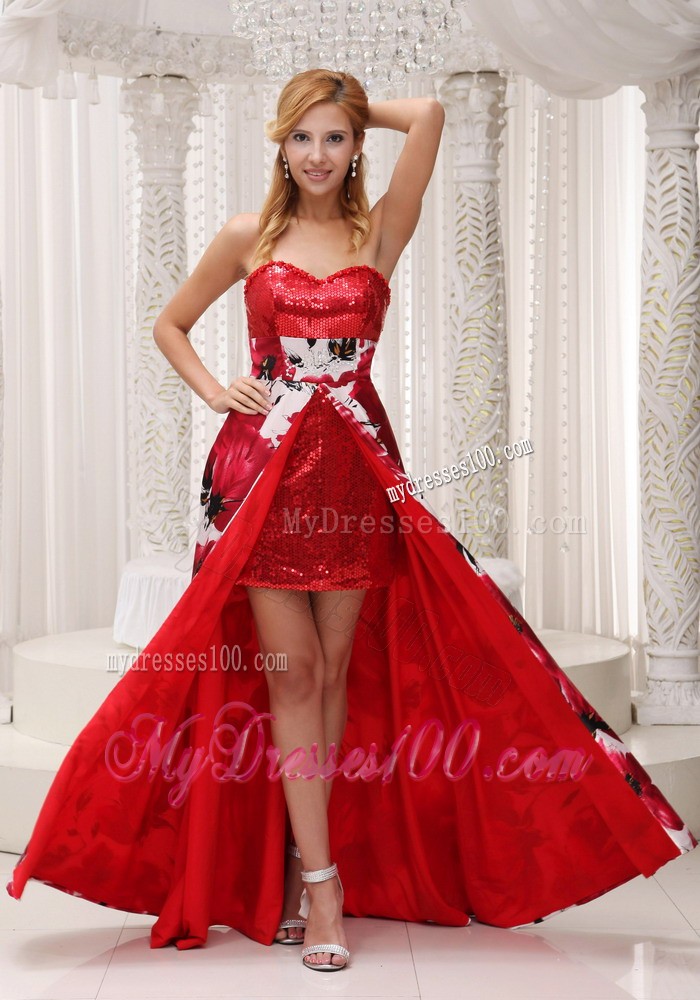 Colorful Sweetheart Print and Sequins Decorate High-low Prom Evening Dress