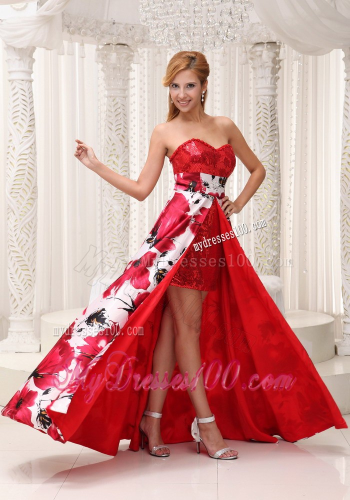 Colorful Sweetheart Print and Sequins Decorate High-low Prom Evening Dress