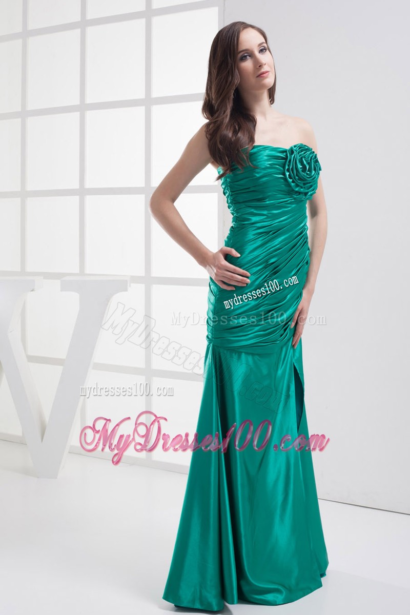 Green High Slit Column Ruched Prom Dress with Hand Made Flowers