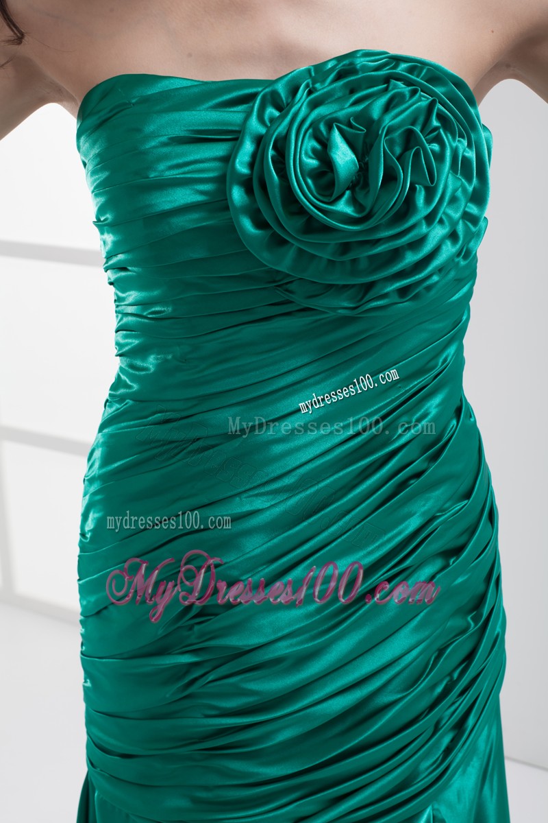Green High Slit Column Ruched Prom Dress with Hand Made Flowers