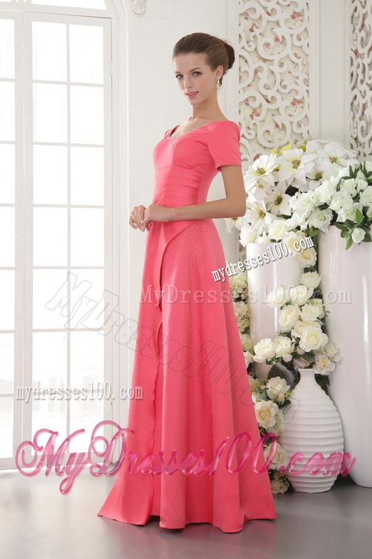 Scoop Neckline Short Sleeve Ruche Beading Watermelon Evening Dress Floor Length